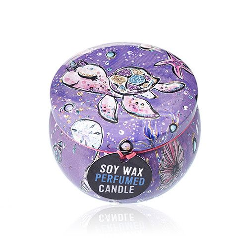 Soy Wax Art Tin Candle – Sea Life purple tin candle with sea turtle and starfish illustration, soy wax perfumed candle