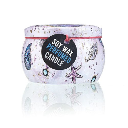 Alt Tag: Soy Wax Art Tin Candle – Sea Life en lata decorativa con diseño marino, vela perfumada de cera de soja