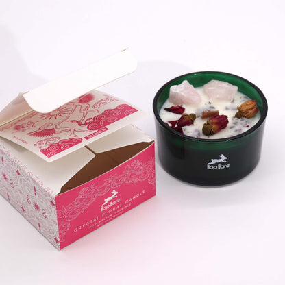Soy Wax Crystal Candle – The Lovers in deep green jar with rose quartz crystals and dried rose petals, shown with product box