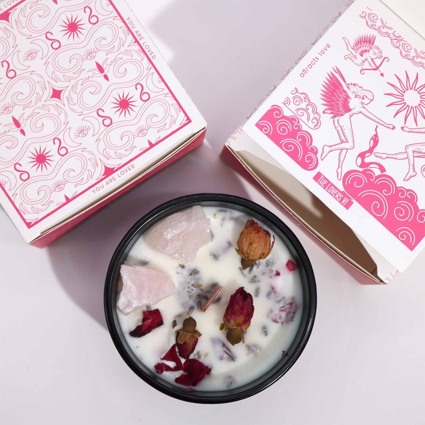 Soy Wax Crystal Candle – The Lovers soy wax crystal candle with rose quartz, dried rose petals and pink illustrated boxes