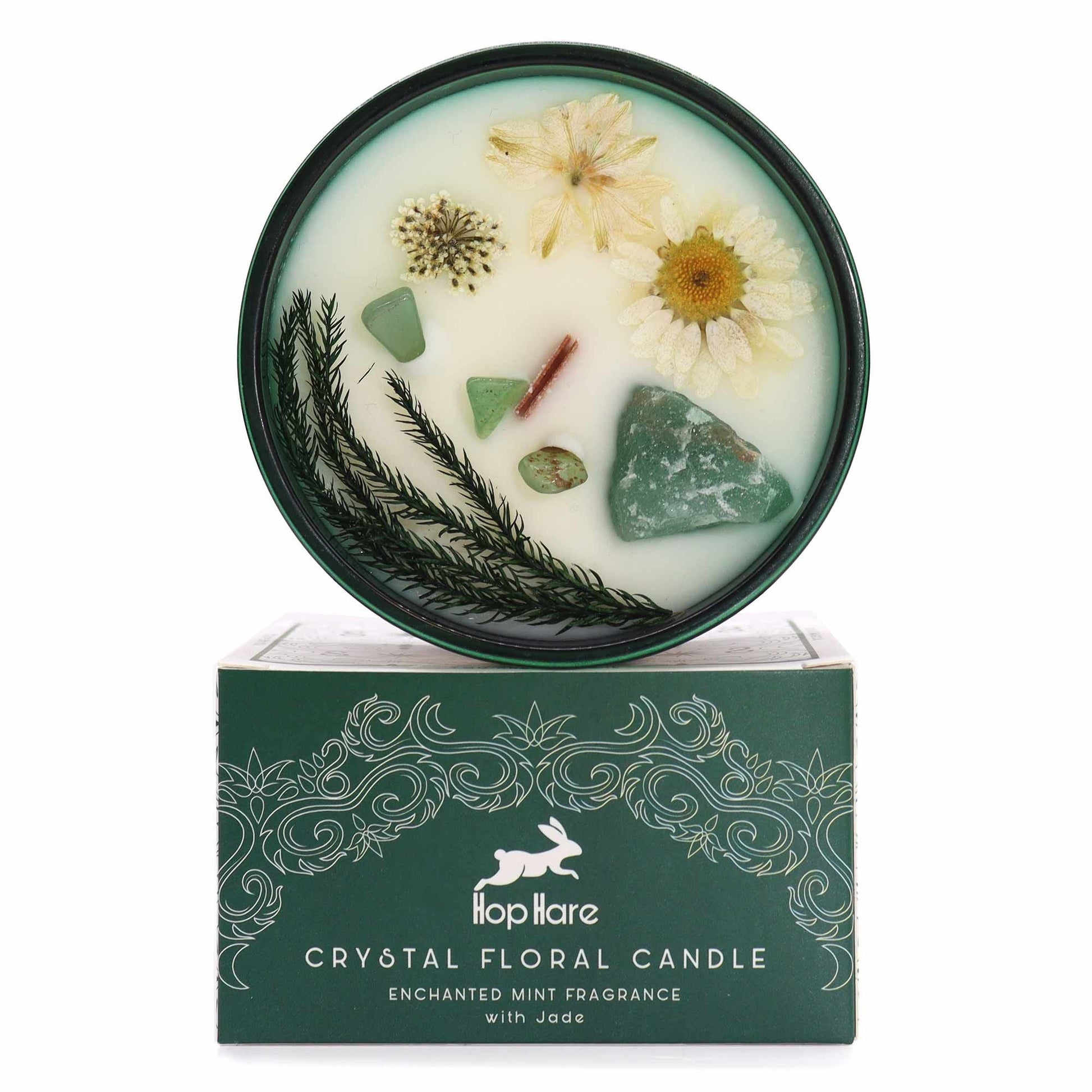 Alt Tag: Sojavax Crystal Floral Candle – The Magician ljus i grön glasbehållare med torkade blommor, doft av mynta och jadestenar