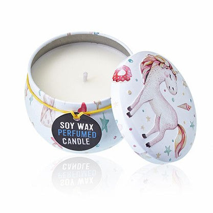 Alt Tag: Soy Wax Unicorn Art Tin Candle – 6.5x5 CM soy wax perfumed candle in unicorn art tin with lid, white wax and single wick