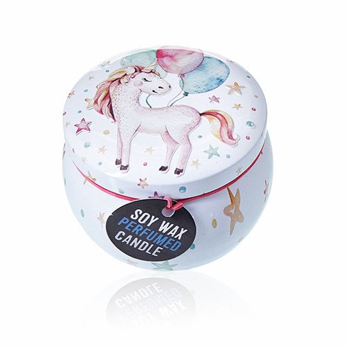 Alt Tag: Soy Wax Unicorn Art Tin Candle – 6.5x5 CM in round tin with unicorn illustration and “SOY WAX PERFUMED CANDLE” label