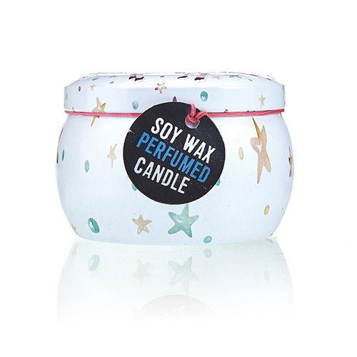 Alt Tag: Soy Wax Unicorn Art Tin Candle – 6.5x5 CM, soy wax perfumed candle in white art tin with stars and hanging label