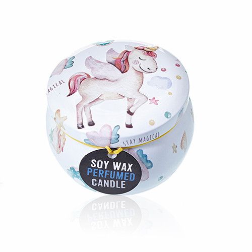 Soy Wax Unicorn Art Tin Candle – 6.5x5 CM round unicorn art tin with lid, soy wax perfumed candle in decorative travel tin