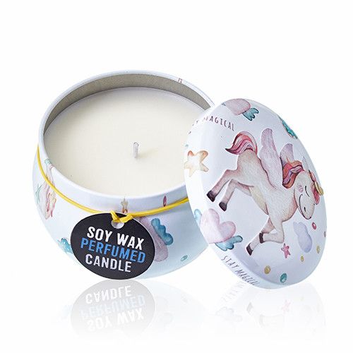 Alt Tag: Soy Wax Unicorn Art Tin Candle – 6.5x5 CM soy wax candle in unicorn art tin with lid, white wax and single wick