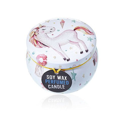 Alt Tag: Soy Wax Unicorn Art Tin Candle – 6.5x5 CM round tin with unicorn illustration and “soy wax perfumed candle” label