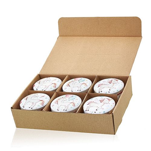 Soy Wax Unicorn Art Tin Candle – 6.5x5 CM set of 6 unicorn design tin candles in open kraft cardboard display box