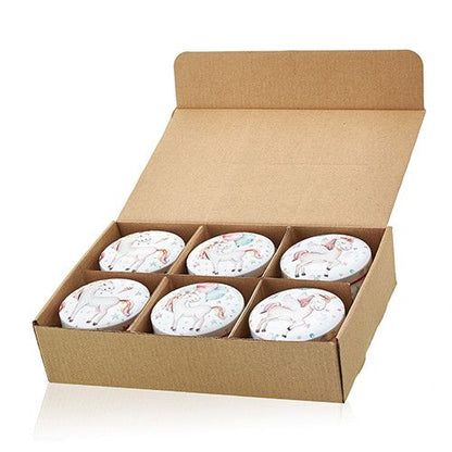 Soy Wax Unicorn Art Tin Candle – 6.5x5 CM set of 6 unicorn design tin candles in open kraft cardboard display box