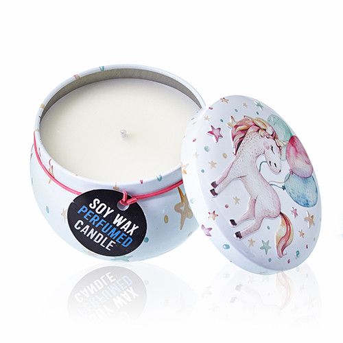 Soy Wax Unicorn Art Tin Candle – 6.5x5 CM soy wax perfumed candle in unicorn tin with lid, white wax and wick
