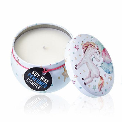 Soy Wax Unicorn Art Tin Candle – 6.5x5 CM soy wax perfumed candle in unicorn tin with lid, white wax and wick