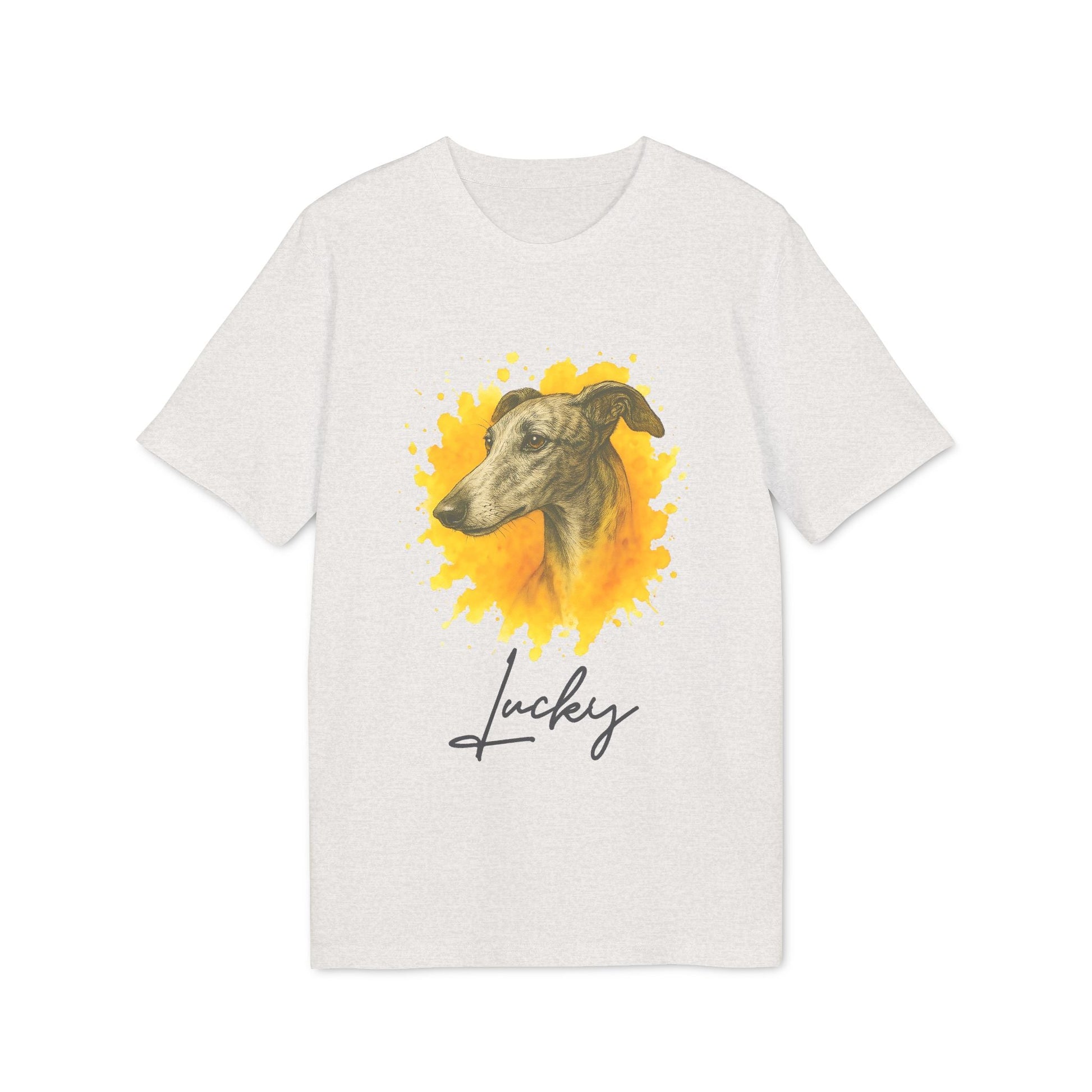 Spanish Galgo Dog Personalized Dog 100% Organic Cotton T-Shirt, camiseta blanca con ilustración de galgo y nombre personalizado “Lucky”