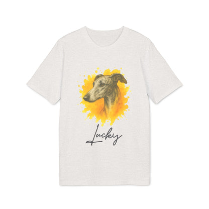 Spanish Galgo Dog Personalized Dog 100% Organic Cotton T-Shirt, camiseta blanca con ilustración de galgo y nombre personalizado “Lucky”