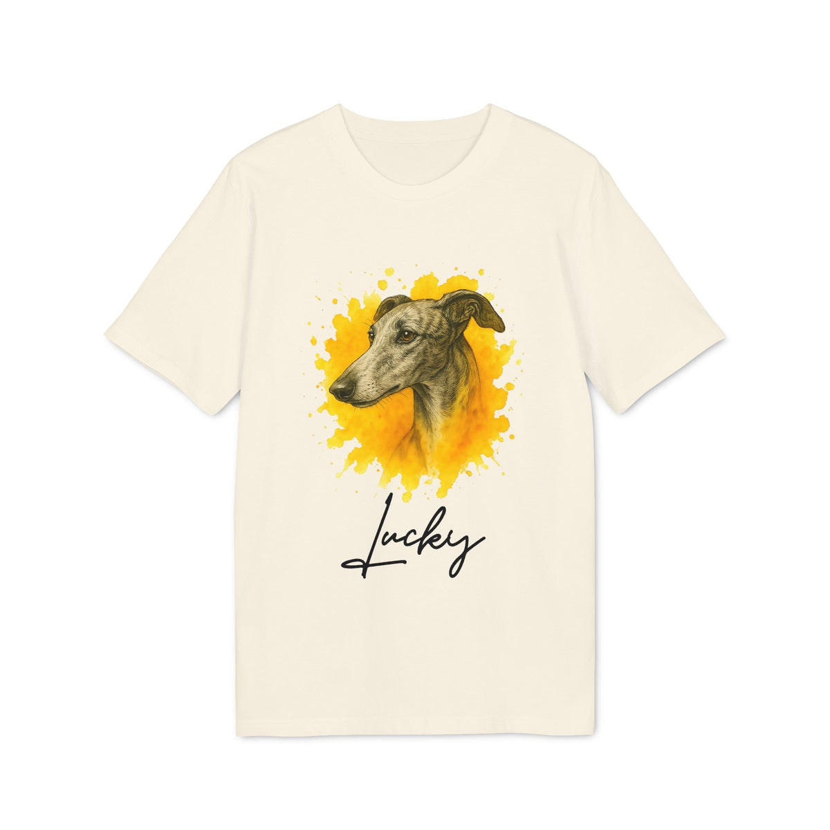 Spanish Galgo Dog Personalized Dog 100% Organic Cotton T-Shirt con ilustración de galgo y nombre “Lucky” en camiseta color crema