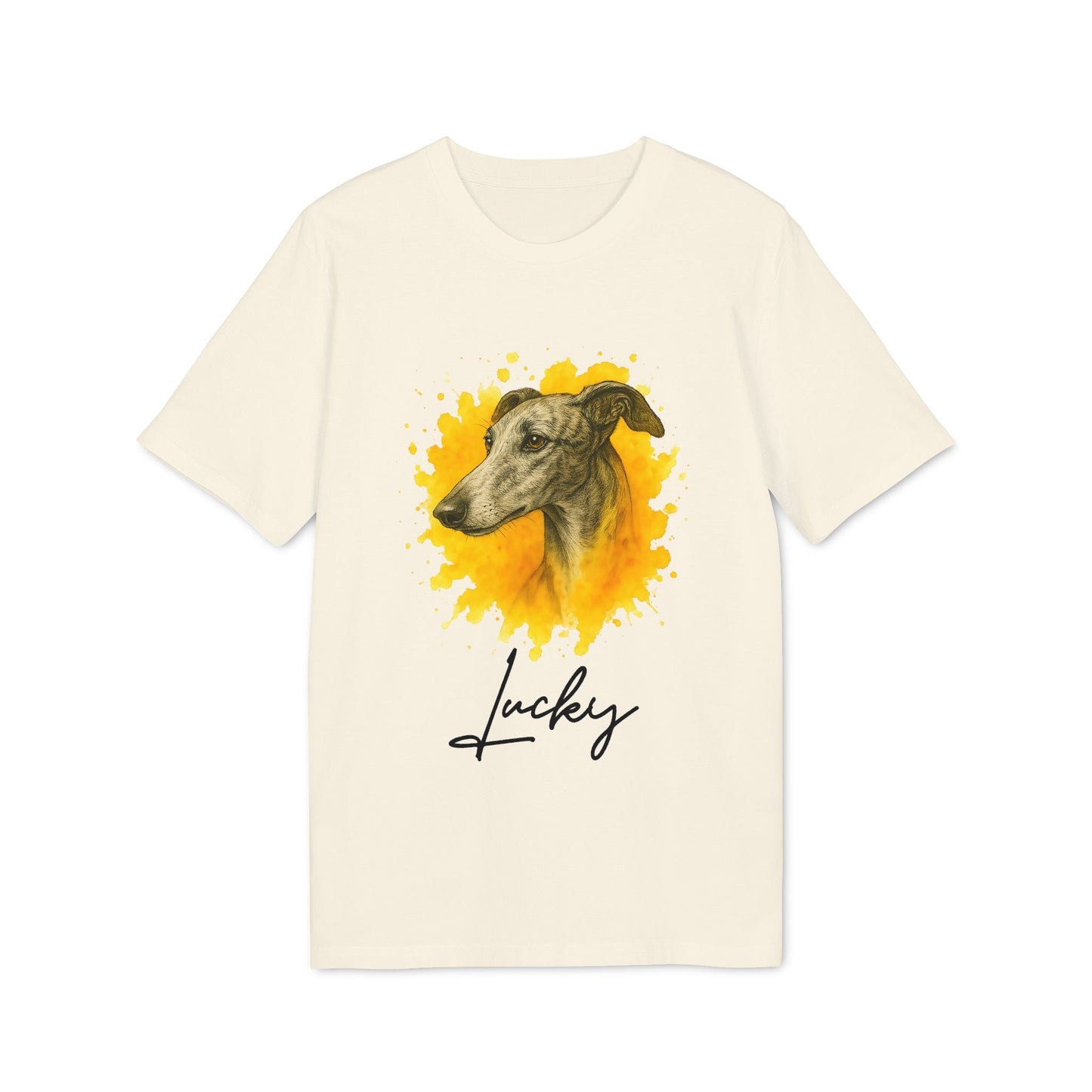 Spanish Galgo Dog Personalized Dog 100% Organic Cotton T-Shirt con ilustración de galgo y nombre “Lucky” en camiseta color crema