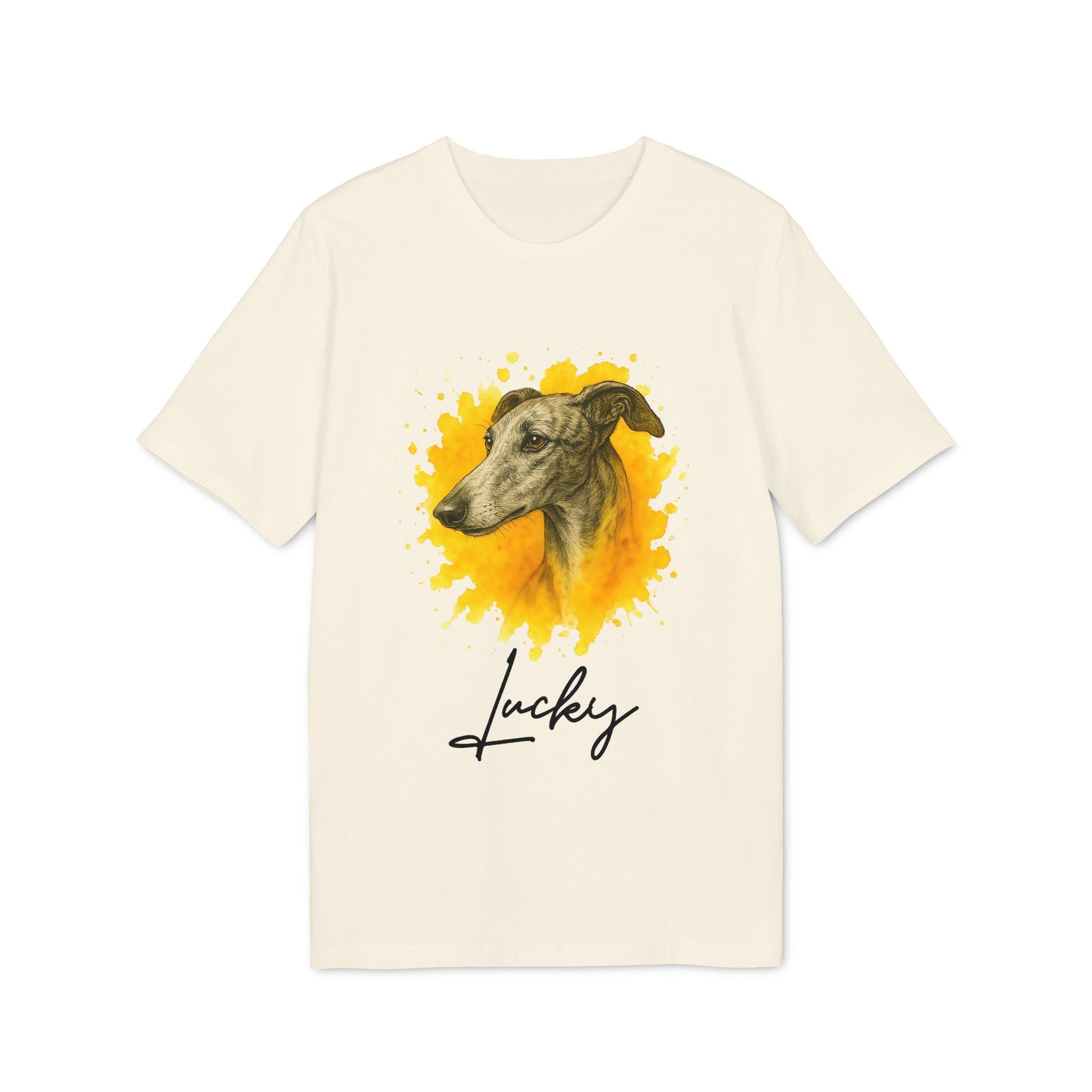Spanish Galgo Dog Personalized Dog 100% Organic Cotton T-Shirt con ilustración de galgo y nombre “Lucky” en camiseta color crema