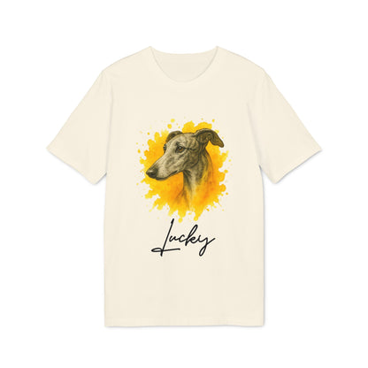 Spanish Galgo Dog Personalized Dog 100% Organic Cotton T-Shirt con ilustración de galgo y nombre “Lucky” en camiseta color crema