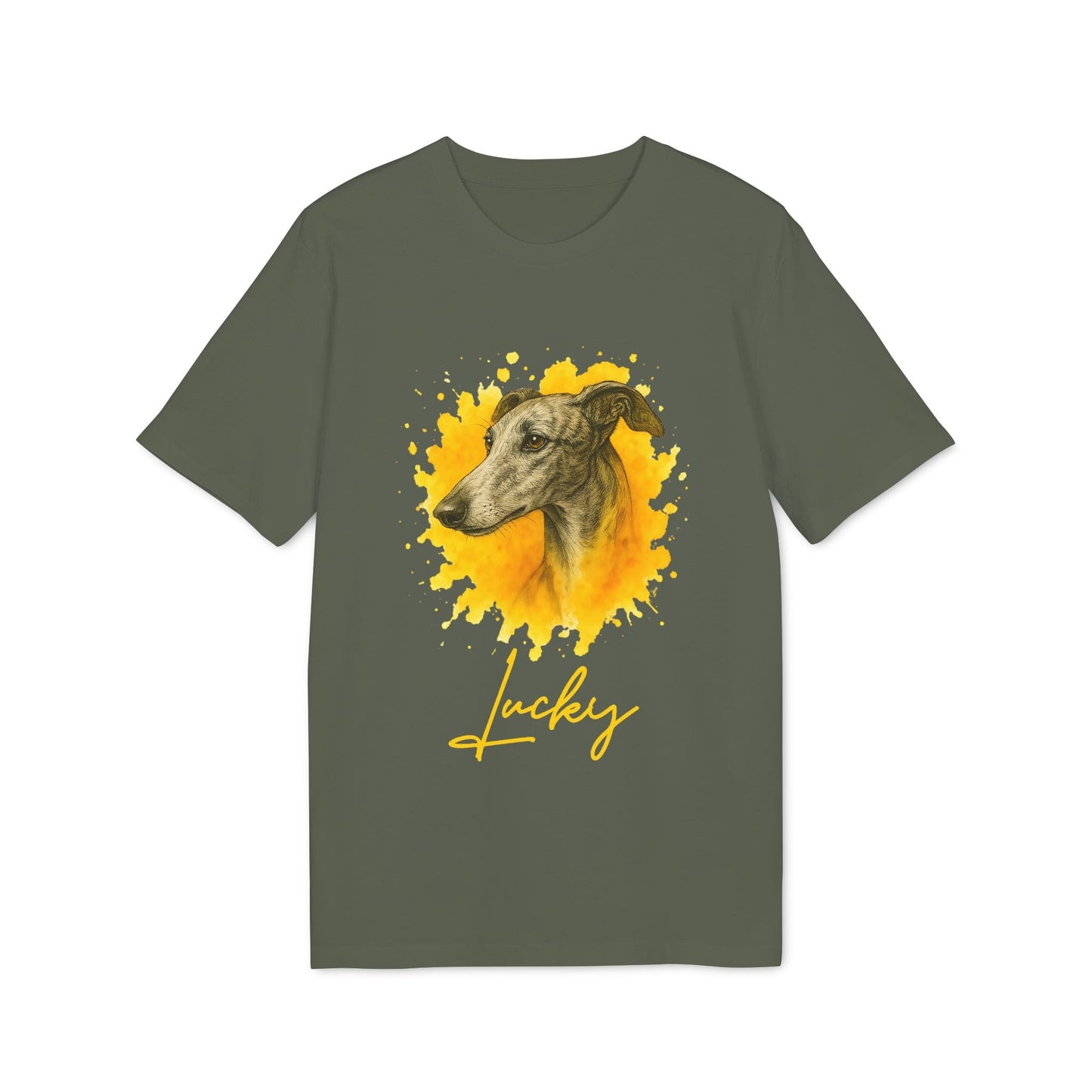 Alt Tag: Spanish Galgo Dog Personalized Dog 100% Organic Cotton T-Shirt olive green tee with Galgo portrait and "Lucky" script graphic