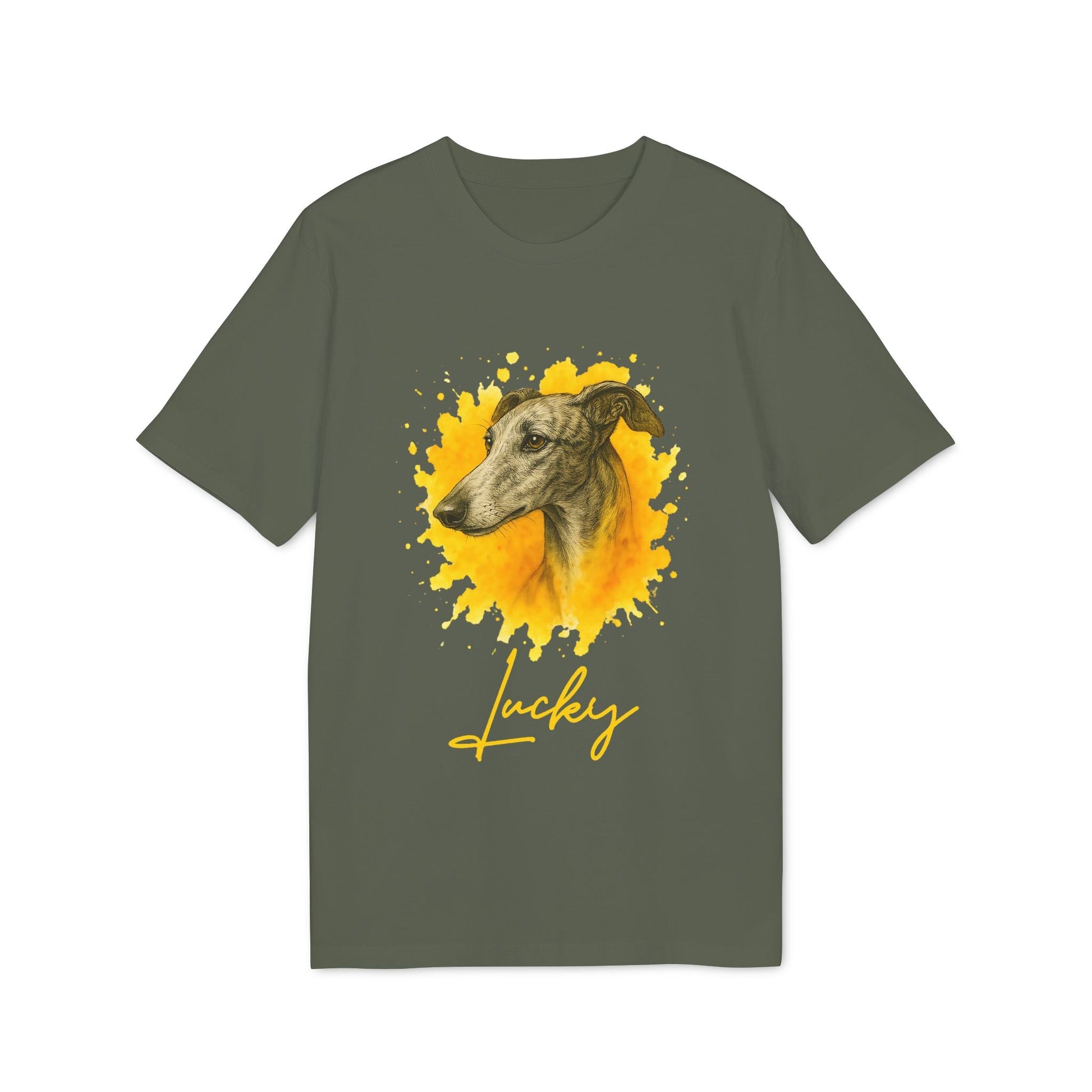 Alt Tag: Spanish Galgo Dog Personalized Dog 100% Organic Cotton T-Shirt olive green tee with Galgo portrait and "Lucky" script graphic