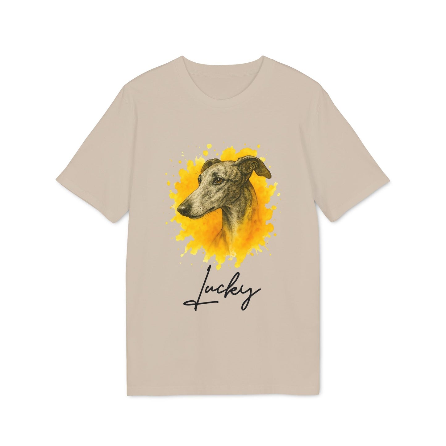 Spanish Galgo Dog Personalized Dog 100% Organic Cotton T-Shirt with Galgo portrait and “Lucky” name on beige tee