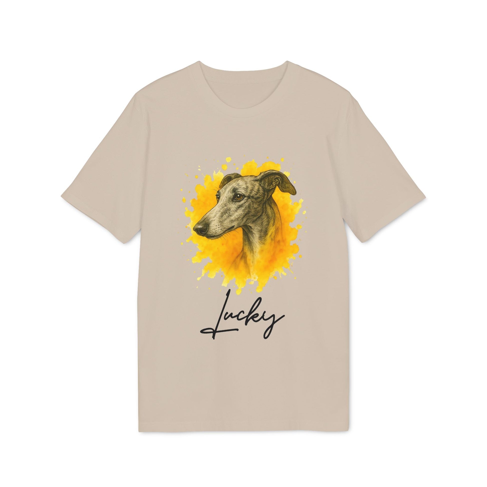 Spanish Galgo Dog Personalized Dog 100% Organic Cotton T-Shirt with Galgo portrait and “Lucky” name on beige tee