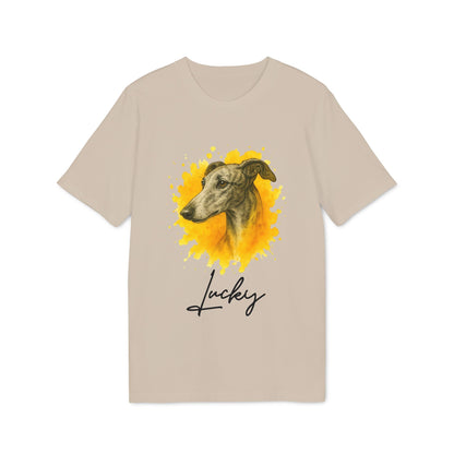 Spanish Galgo Dog Personalized Dog 100% Organic Cotton T-Shirt with Galgo portrait and “Lucky” name on beige tee