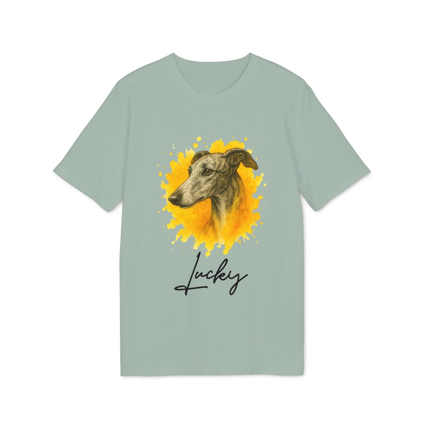 Spanish Galgo Dog Personalized Dog 100% Organic Cotton T-Shirt con retrato de galgo y nombre personalizado “Lucky”