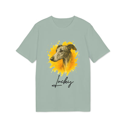 Spanish Galgo Dog Personalized Dog 100% Organic Cotton T-Shirt con retrato de galgo y nombre personalizado “Lucky”