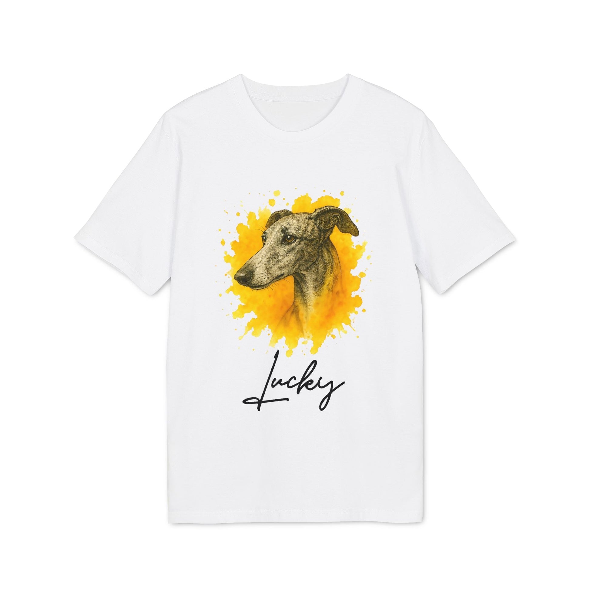 Alt Tag: Spanish Galgo Dog Personalized Dog 100% Organic Cotton T-Shirt blanca con ilustración de galgo y nombre personalizado “Lucky”
