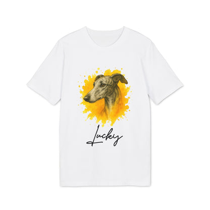 Alt Tag: Spanish Galgo Dog Personalized Dog 100% Organic Cotton T-Shirt blanca con ilustración de galgo y nombre personalizado “Lucky”