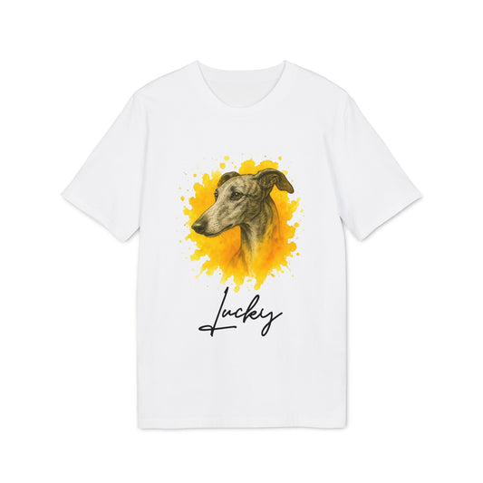 Alt Tag: Spanish Galgo Dog Personalized Dog 100% Organic Cotton T-Shirt blanca con ilustración de galgo y nombre personalizado “Lucky”
