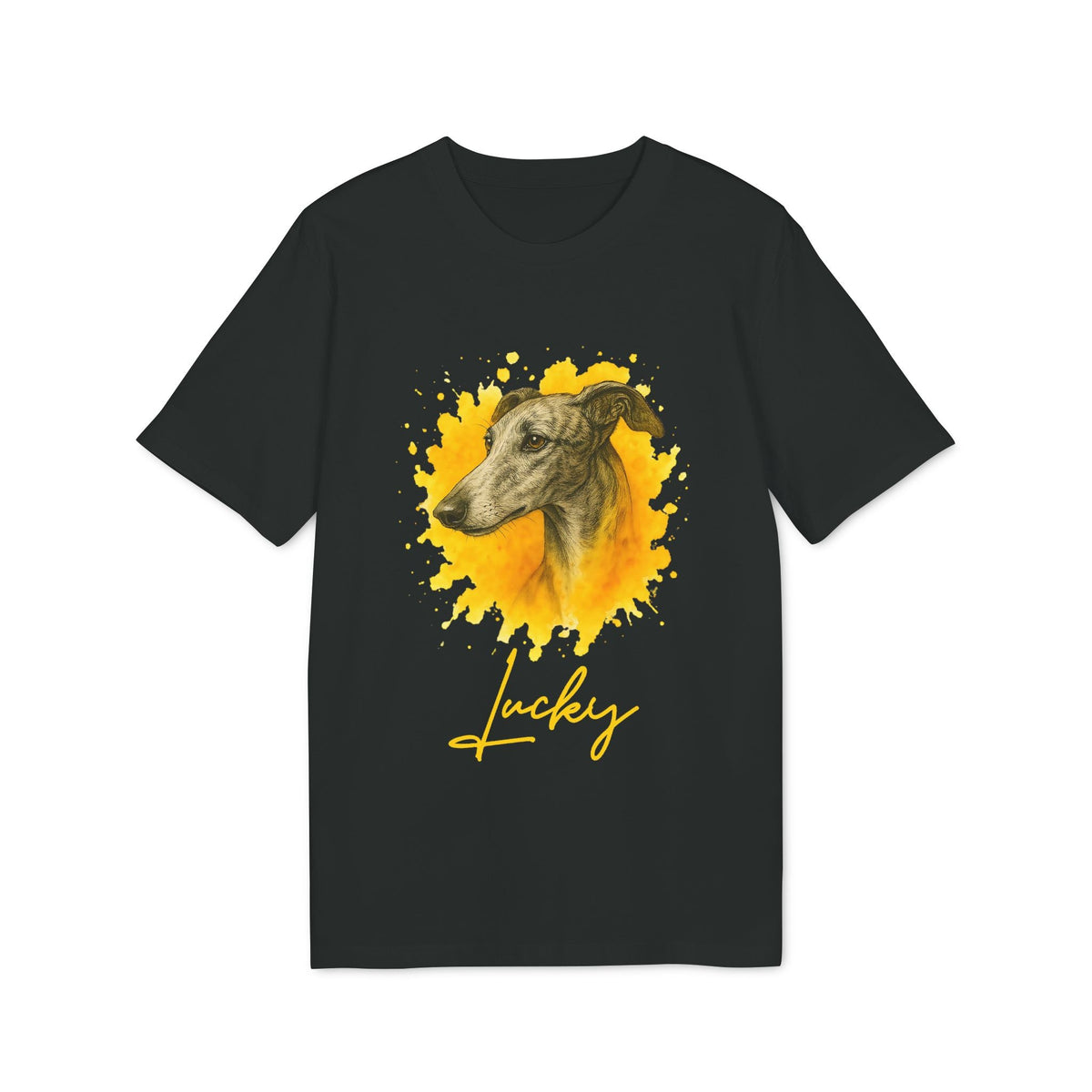 Alt Tag: Spanish Galgo Dog Personalized Dog 100% Organic Cotton T-Shirt black tee with Galgo portrait and yellow watercolor splash, Lucky text