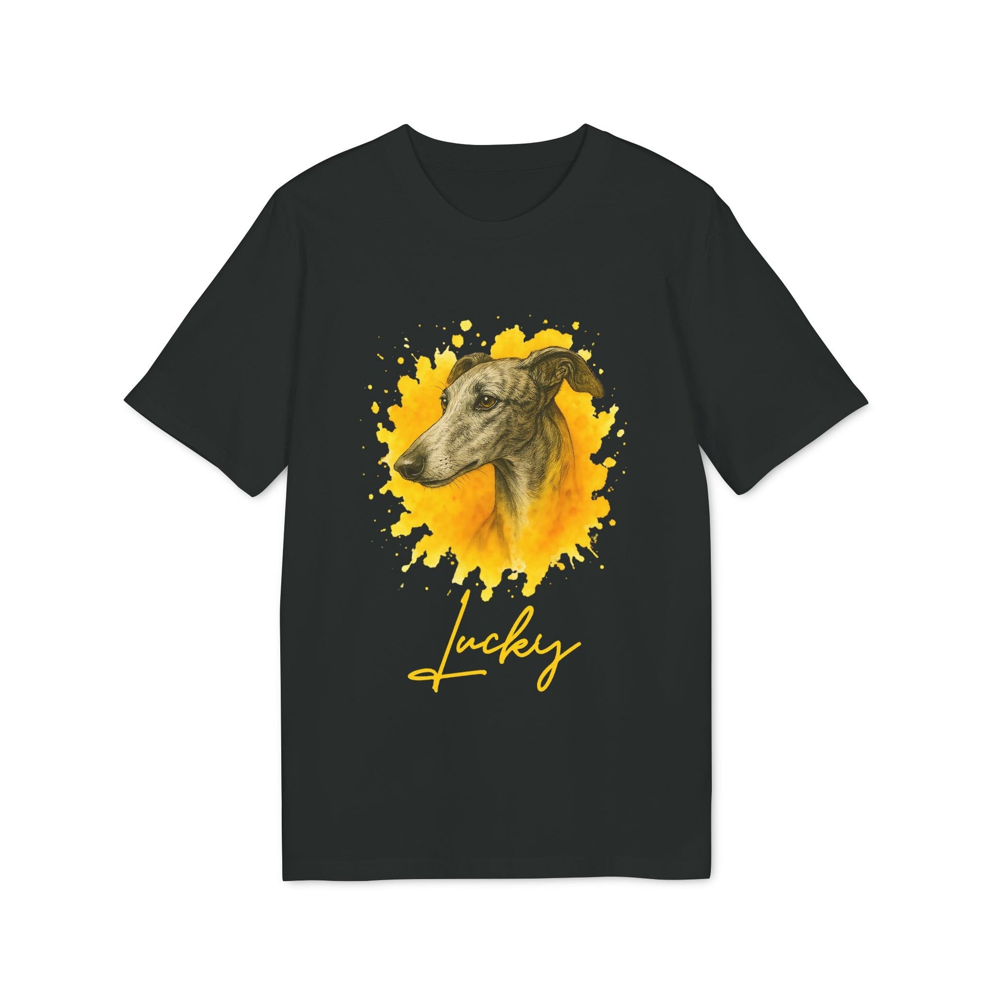 Alt Tag: Spanish Galgo Dog Personalized Dog 100% Organic Cotton T-Shirt black tee with Galgo portrait and yellow watercolor splash, Lucky text