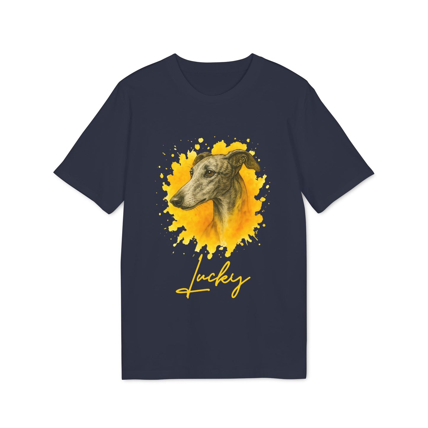 Spanish Galgo Dog Personalized Dog 100% Organic Cotton T-Shirt, navy tee with Galgo portrait and yellow paint splash graphic, “Lucky” text