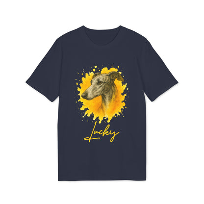 Spanish Galgo Dog Personalized Dog 100% Organic Cotton T-Shirt, navy tee with Galgo portrait and yellow paint splash graphic, “Lucky” text