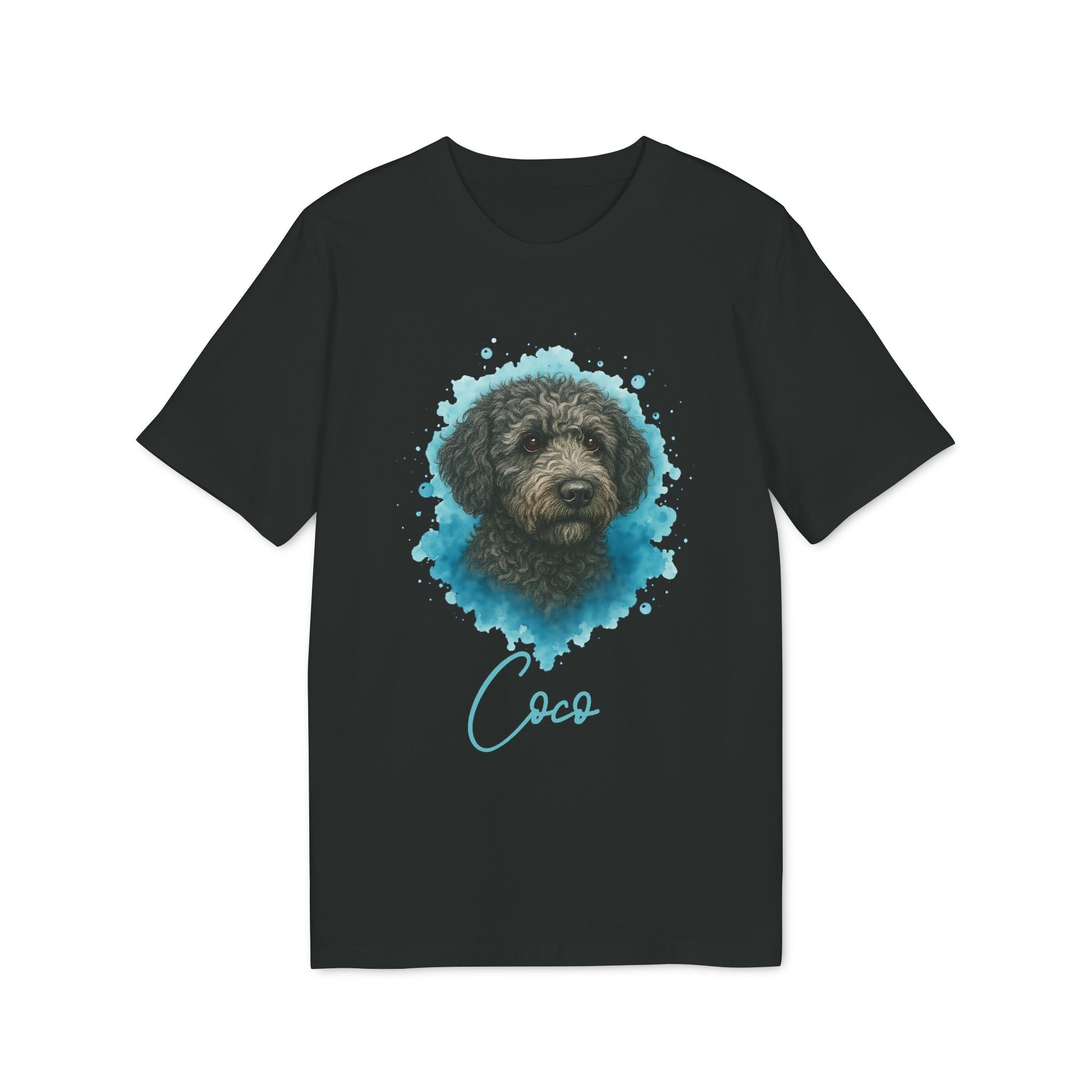 Alt Tag: Spanish Water Dog Personalized Dog 100% Organic Cotton T-Shirt, camiseta negra con retrato de perro y nombre personalizado "Coco"