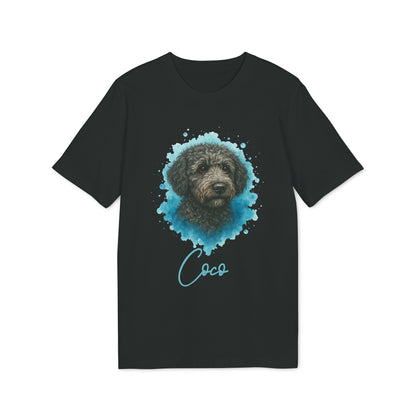 Alt Tag: Spanish Water Dog Personalized Dog 100% Organic Cotton T-Shirt, camiseta negra con retrato de perro y nombre personalizado "Coco"