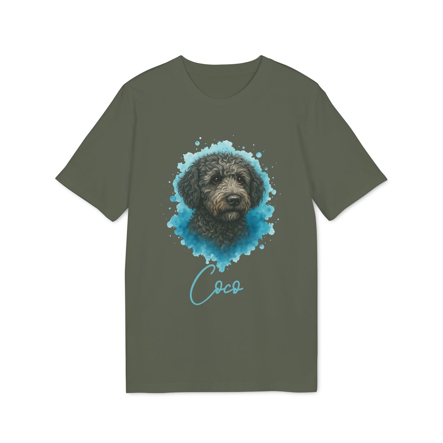 Spanish Water Dog Personalized Dog 100% Organic Cotton T-Shirt, camiseta verde oliva con retrato de perro de agua español y nombre “Coco”