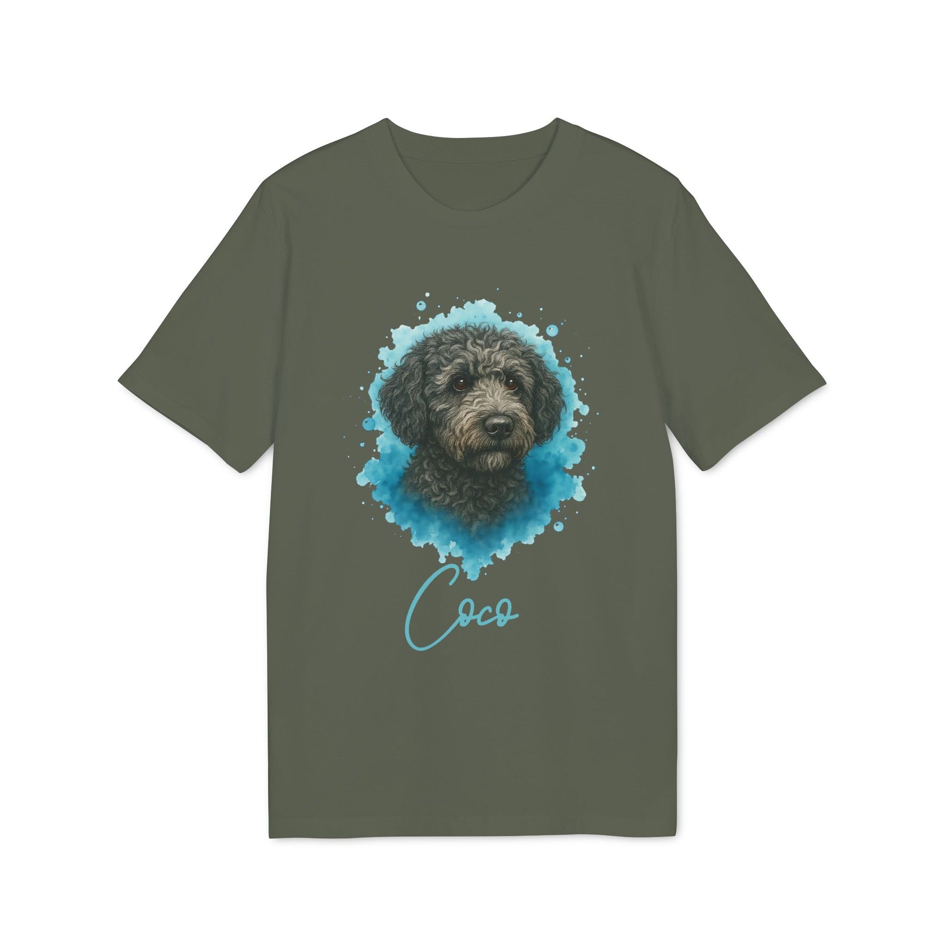 Spanish Water Dog Personalized Dog 100% Organic Cotton T-Shirt, camiseta verde oliva con retrato de perro de agua español y nombre “Coco”