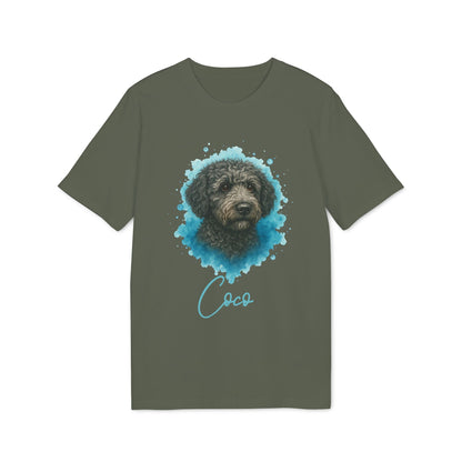 Spanish Water Dog Personalized Dog 100% Organic Cotton T-Shirt, camiseta verde oliva con retrato de perro de agua español y nombre “Coco”
