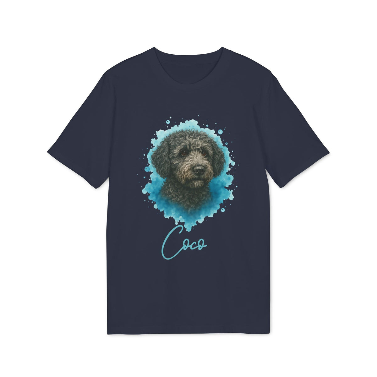 Spanish Water Dog Personalized Dog 100% Organic Cotton T-Shirt, camiseta azul marino con retrato de perro de agua español y nombre personalizado