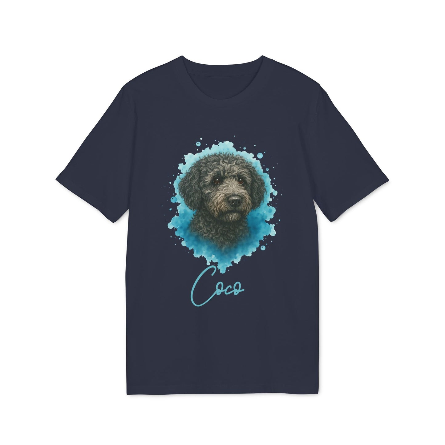 Spanish Water Dog Personalized Dog 100% Organic Cotton T-Shirt, camiseta azul marino con retrato de perro de agua español y nombre personalizado