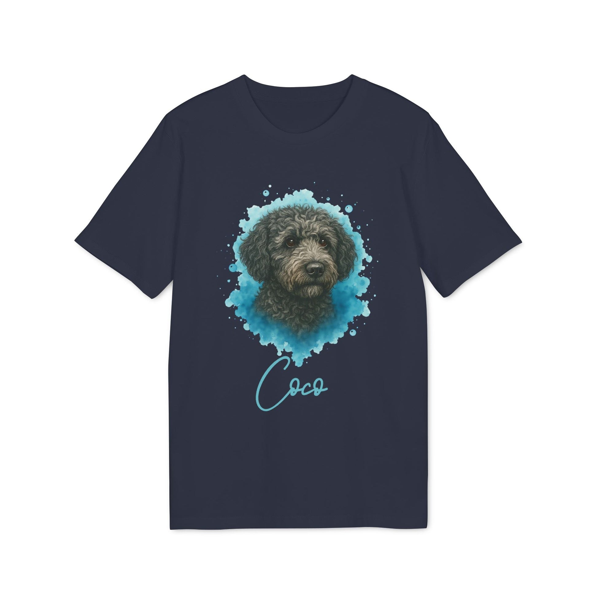 Spanish Water Dog Personalized Dog 100% Organic Cotton T-Shirt, camiseta azul marino con retrato de perro de agua español y nombre personalizado