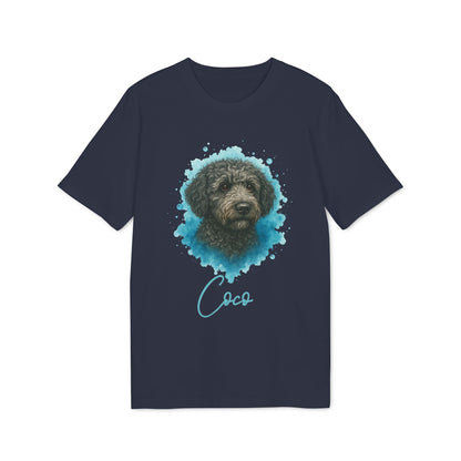 Spanish Water Dog Personalized Dog 100% Organic Cotton T-Shirt, camiseta azul marino con retrato de perro de agua español y nombre personalizado