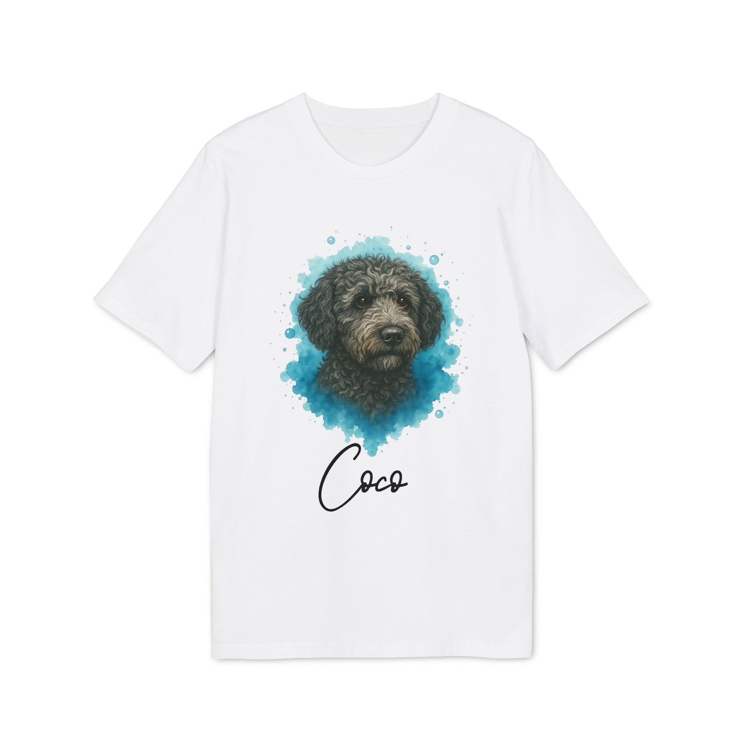 Spanish Water Dog Personalized Dog 100% Organic Cotton T-Shirt, camiseta blanca con retrato de perro de agua español y nombre "Coco"