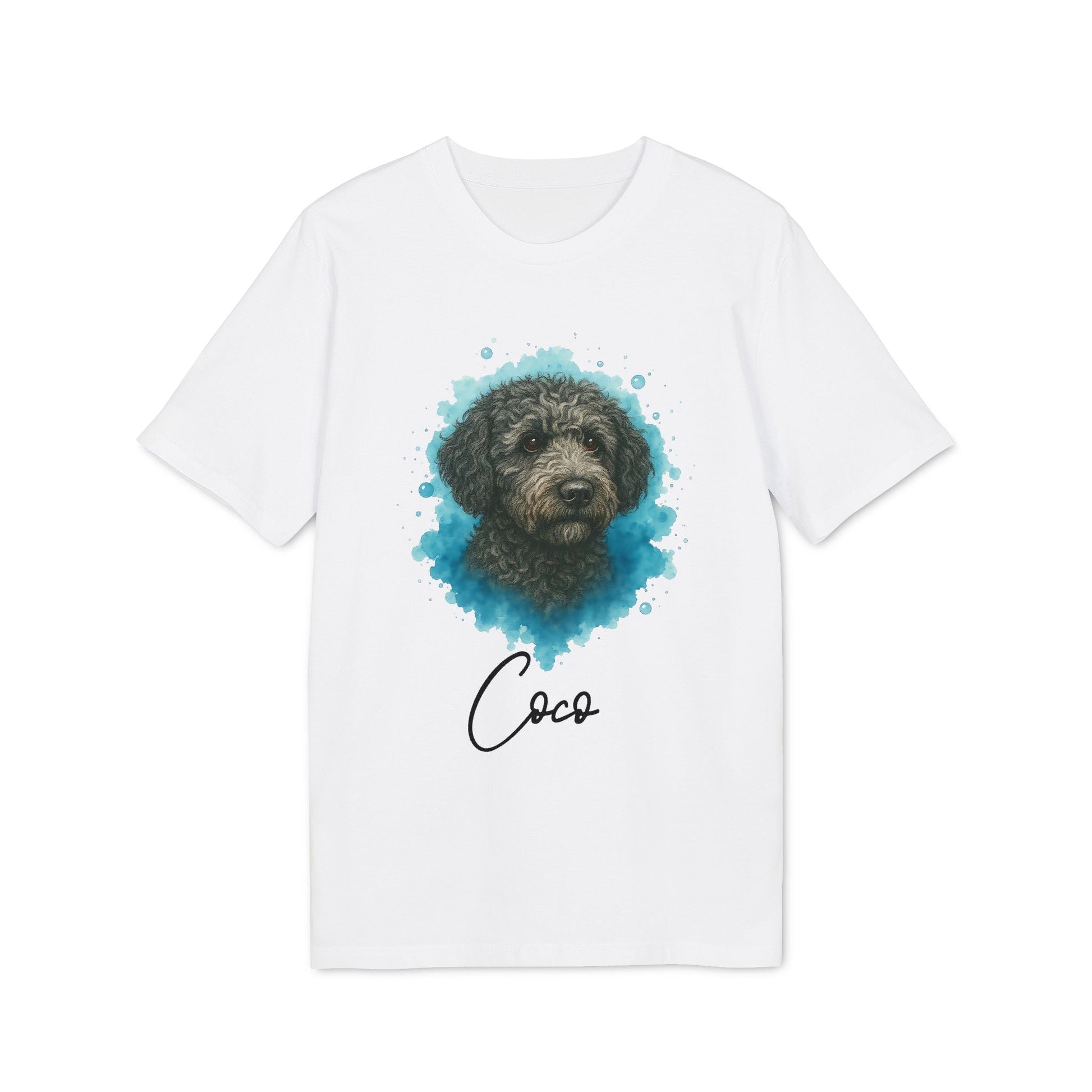 Spanish Water Dog Personalized Dog 100% Organic Cotton T-Shirt, camiseta blanca con retrato de perro de agua español y nombre "Coco"