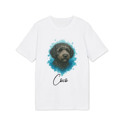 Spanish Water Dog Personalized Dog 100% Organic Cotton T-Shirt, camiseta blanca con retrato de perro de agua español y nombre "Coco"