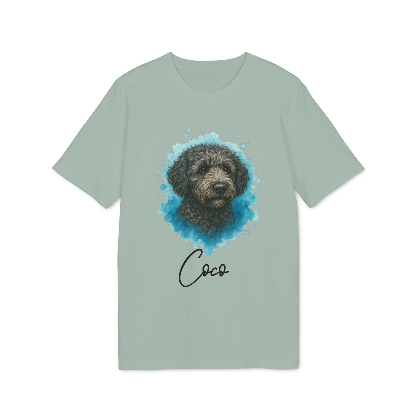 Alt Tag: Spanish Water Dog Personalized Dog 100% Organic Cotton T-Shirt in sage green with Spanish Water Dog portrait and custom name "Coco"