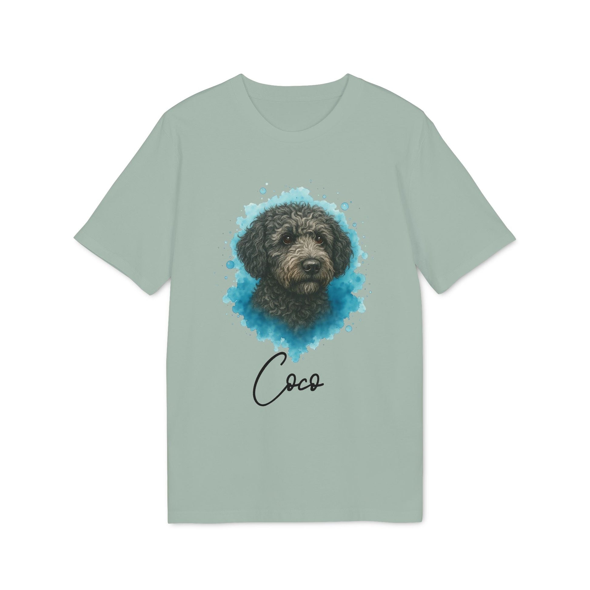 Alt Tag: Spanish Water Dog Personalized Dog 100% Organic Cotton T-Shirt in sage green with Spanish Water Dog portrait and custom name "Coco"