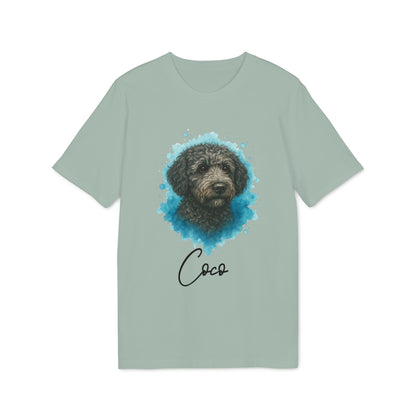 Alt Tag: Spanish Water Dog Personalized Dog 100% Organic Cotton T-Shirt in sage green with Spanish Water Dog portrait and custom name "Coco"